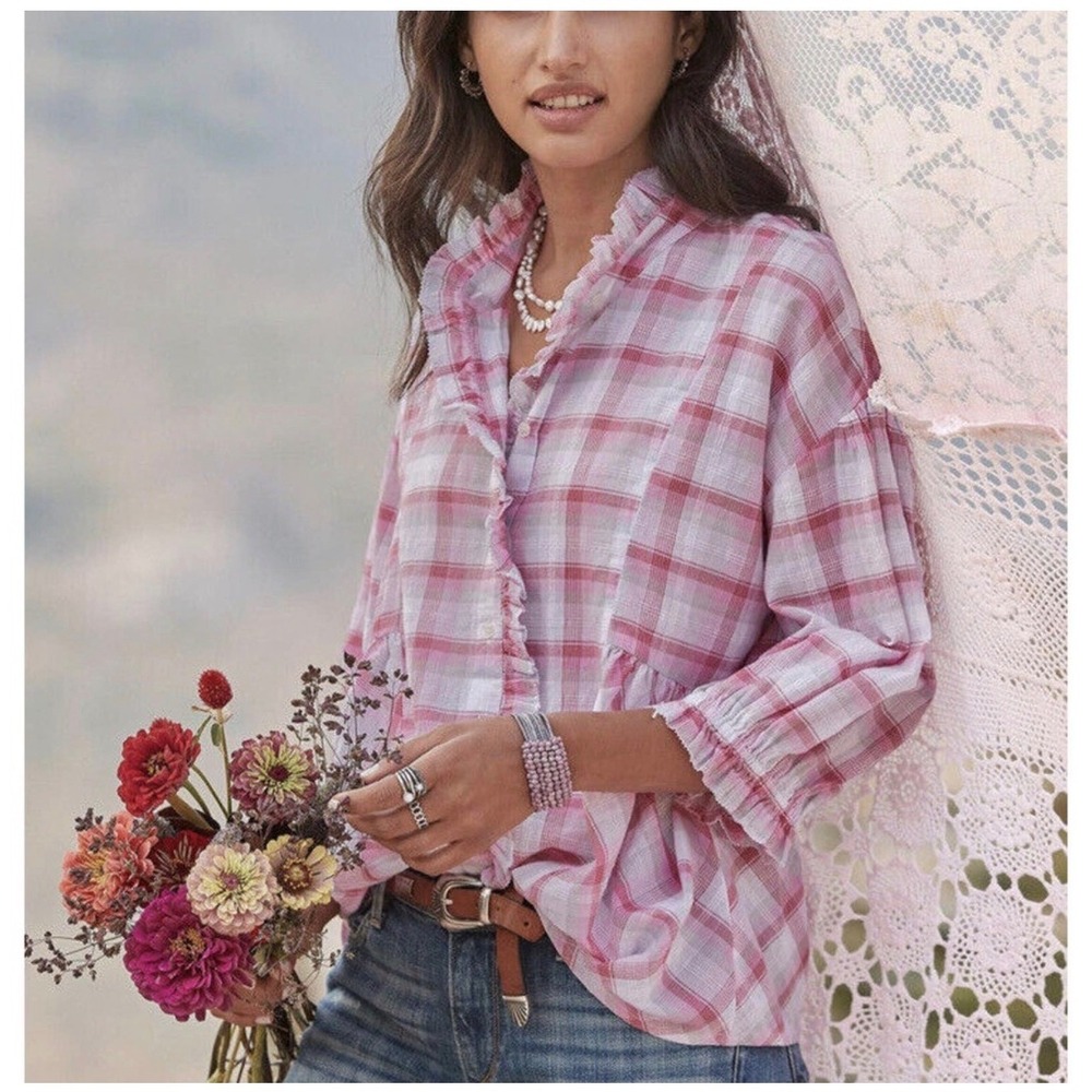 Sundance Pink Red Plaid Ruffle Peplum Cotton Gauze Blouse Top Sz L Boho Peasant